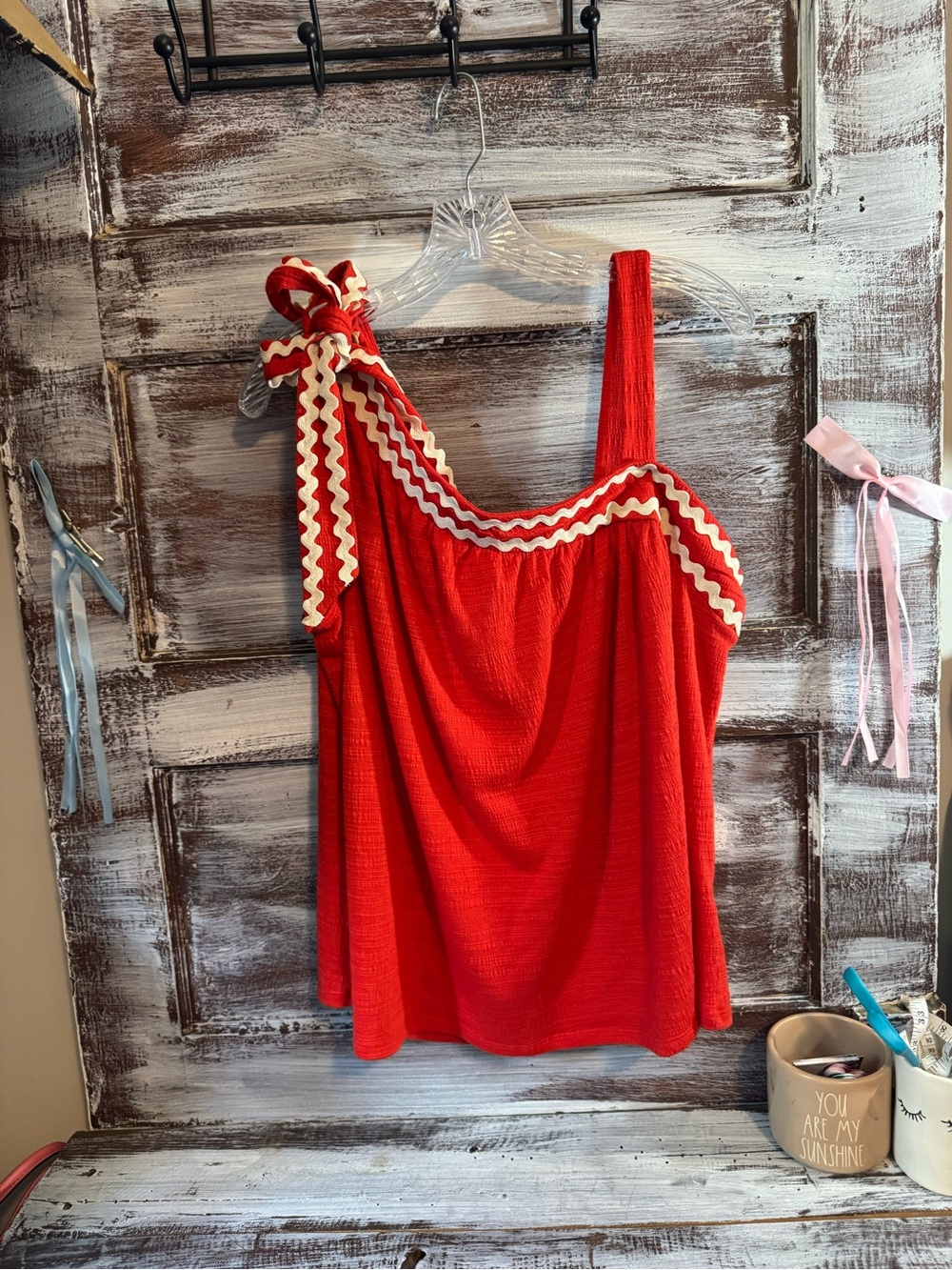 Cato Red Tank with Cream Rickrack Trim
